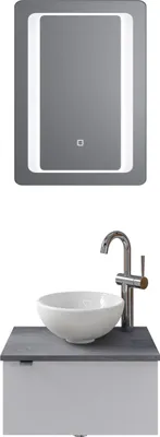Produktbild von Pelipal Serie 6915 SET-044-095 Block bestehend aus: Keramik-Aufsatzbecken, Waschtischplatte, Waschtischunterschrank, LED Spiegel