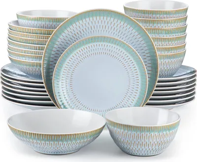 Image de Service combiné faïence, vancasso PLUVO Service de table, 32 pièces de vaisselle avec 8 assiettes, 8 assiettes à gâteaux, 8 bols et 8 saladiers pour 8 personnes