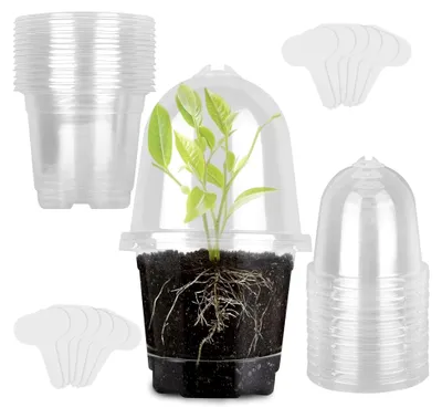 Produktbild von 12 Anzuchttöpfe mit Feuchtigkeitskuppel, Ø 9 cm, Kunststofftöpfe mit Deckel, runde Blumentöpfe mit Pflanzenstecker, transparente Orchideentöpfe für Sukkulenten, Samen und Setzlinge