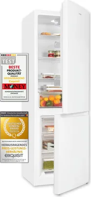 A white refrigerator with its door open, showing shelves stocked with food items. There are several award badges on the left side of the image.