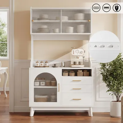 Productafbeelding van Merax buffetkast, hoge kast met stopcontact, USB-C en USB-A aansluitingen, eettafelkast met acrylglasdeuren, opbergkast voor keuken en woonkamer, wit