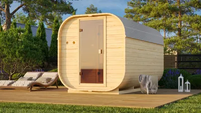 Produktbild von Karibu Saunahaus Außensauna Saunafass Fasssauna Quadro 3 unbehandelt Ofen 9 KW externe Strg easy 38mm Massivholz 199x355x205 cm