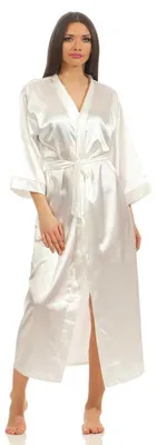 Produktbild von Damen langes Kimono Nachtmantel Seidenrobe Morgenmantel, Ecru S