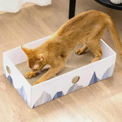 Produktbild von Katzen Kratzbrett mit Box, Großes Kratzmöbel, Beidseitige Kratzpappe für Katzen, Interaktive Öffnungen, Kratzbett für Wohnungskatzen, mit Katzenminze (1 Stück, Groß, Weiß)