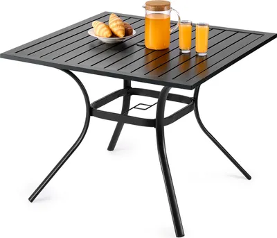 Zdjęcie produktu dla VEVOR stół ogrodowy stół balkonowy (94 x 94 cm) wykonany ze stali węglowej kwadratowy stół do jadalni na zewnątrz patio taras ogród weranda, wodoodporny, z otworem na parasol, nośność 68 kg czarny