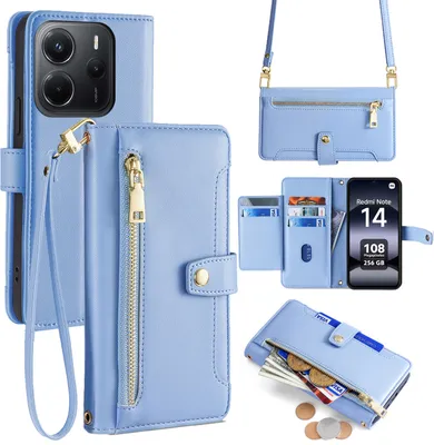 Produktbild von Handykette Xiaomi Redmi Note 14 4G Hülle mit Band Handyhülle Kartenfächer Kunstleder Umhängetasche in Hellblau