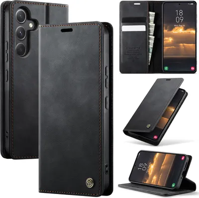 Image de Étui en cuir pour Samsung Galaxy A54, protection RFID, fermeture magnétique, fentes pour cartes et fonction stand Noir