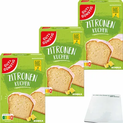 Produktbild von Gut & Günstig Zitronen Kuchen mit Glasur Backmischung 3er Pack (3x500g Packung) + usy Block