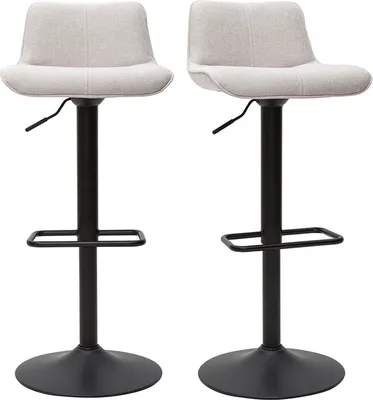 Two beige bar stools with black metal bases and legs are shown against a white background.