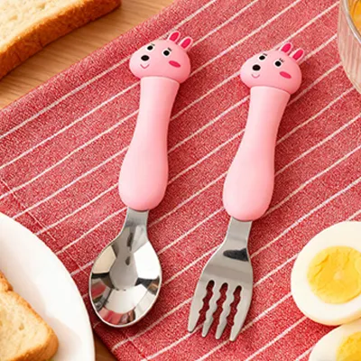 Obrázek produktu pro Dětská vidlička, lžička, plastová rukojeť, nerezová ocel, nádobí pro děti, nácvik krmení, králík (růžová)