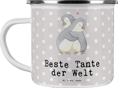 Produktbild von Mr. & Mrs. Panda Teetasse Pinguin Beste Tante der Welt - Grau Pastell - Geschenk, Geschenkidee, Patentante, Emaille Tasse, Becher, Teebecher, Nichte, Neffe, Dankeschön