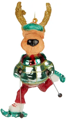 Produktbild von BRUBAKER Elch Skifahrer - Handbemalte Weihnachtskugel aus Glas - 12,5 cm Baumkugel Skielch Brille Snowblade Skiern - Mundgeblasener Christbaumschmuck