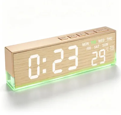 Digitaler Holz-Wecker mit Temperatur, 2 Weckzeiten, 3 Helligkeitsstufen, USB-C