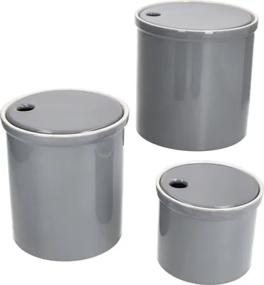 Three gray ceramic storage jars of different sizes with lids, arranged on a white background.