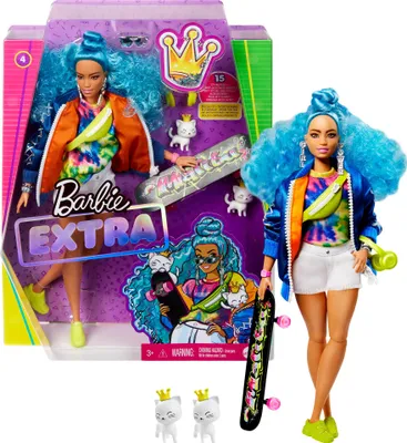 Produktbild von Barbie Extra Puppe mit blauen Haaren und Skateboard, inkl. Haustier