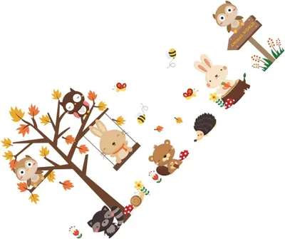 Produktbild von Selbstklebende Wandaufkleber mit Cartoon-Tieren und Baum für Kindergarten, Kinderzimmer, Schlafzimmer und Wohnzimmer