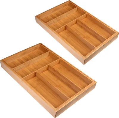 Produktbild von Schramm® 2 Stück Besteckkasten aus Bambus für Schubladen größenverstellbar 30-48x46x5 cm Schubfacheinlage Schubladeneinsatz 5 - 7 Fächer Besteckeinsatz Küchenorganizer 2er Pack