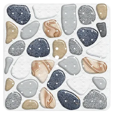 Zdjęcie produktu dla Mata pod prysznic antypoślizgowa, 53x53 cm, wolna od BPA, odporna na pleśń, można prać w pralce. Kolorowe kamyczki