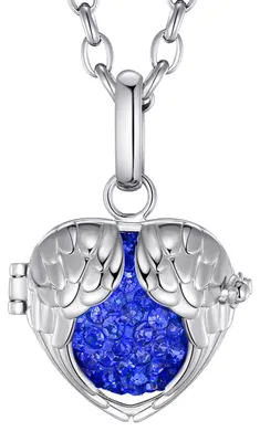 Produktbild von Morella® Damen Halskette Edelstahl 70 cm mit Engelsflügel Herz Anhänger und Klangkugel Zirkonia blau Ø 16 mm in Schmuckbeutel
