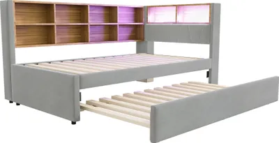 Obrázek produktu pro okwish Rozkládací postel 90×200 cm Multifunkční rozkládací pohovka, jednolůžko, vybavené LED osvětlením, zásuvkami a mnoha úložnými přihrádkami, bez matrace, Světle šedá