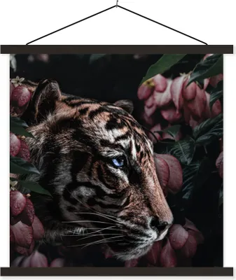 Produktbild von MuchoWow® Textilposter Tiger - Blumen - Pflanze 90x90 cm mit schwarzem Rahmen - Magnetisches