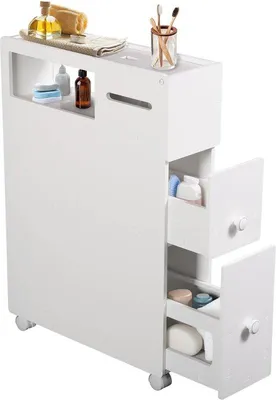 Immagine prodotto di Mobile da bagno in legno con rotelle, comò da bagno con cassetti, 33 × 15 × 66,5 cm, bianco