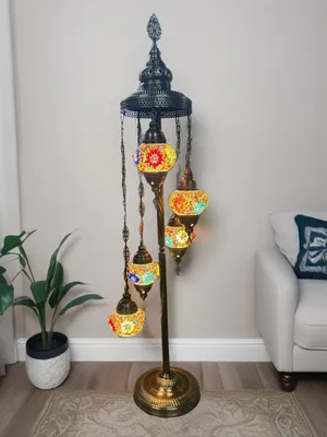 Immagine prodotto di Lampada da terra turca con 5 sfere di vetro mosaico realizzate a mano – Lampada da salotto multicolore, altezza 120 cm