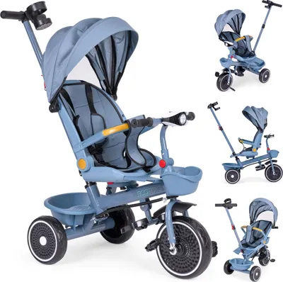 Image de Poussette tricycle 2 en 1, siège pivotant, auvent pliable, bleu, ECOTOYS