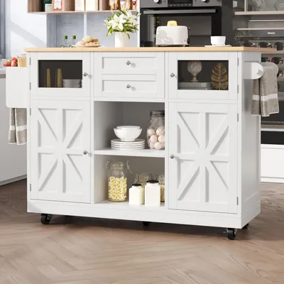 Produktbild von Kücheninsel, Esszimmerwagen mit Arbeitsplatte, Buffetschrank, Esszimmerwagen mit Holzmaserung, seitlicher Handtuchhalter, dreidimensionale Schranktüren mit Rollen, verstellbare Trennwände, weiß