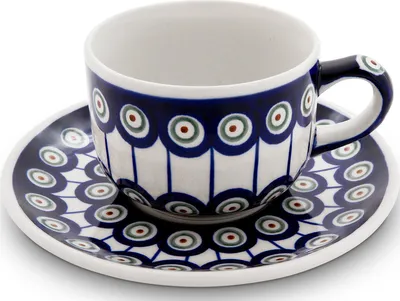 Produktbild von Original Bunzlauer Keramik 210 ml Tasse mit Henkel Kaffeetasse Teetasse Ø9cm klassische mit Unterschale Ø16 cm im Design 8