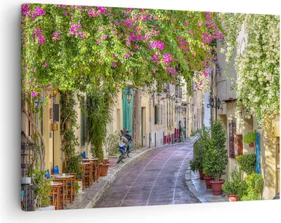 Produktbild von Bild auf Leinwand - Leinwandbild - Straße dekoration blumen griechenland - 70x50cm - Wand Bild - Wanddeko - Leinwanddruck - Bilder - Kunstdruck - Leinwand bilder - Wandkunst - AA70x50-2429