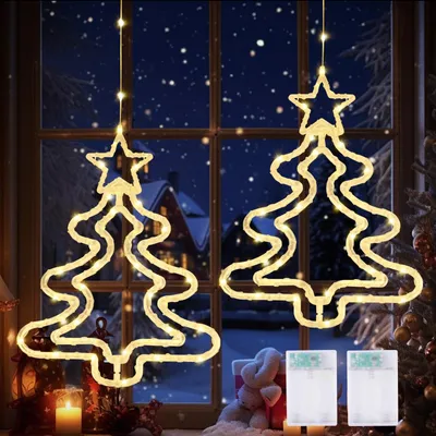 LED Fensterdeko Weihnachtsbaum/Glocken, 2er Set, warmweiß, batteriebetrieben