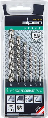 Obrázok produktu pre Alpen Bohrer HSS Cobalt Spiralbohrer Set TM 6-teilig 2 / 3 / 4 / 5 / 6 / 8 mm