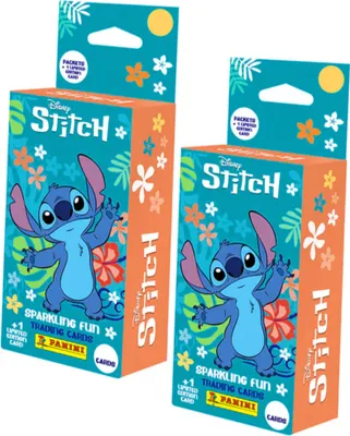 Two boxes of Stitch trading cards are shown side-by-side against a white background.