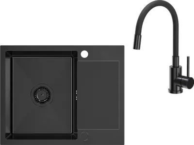 A black kitchen sink and faucet set against a white background.
