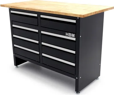 Produktbild von HBM Werkbank 120 cm mit 8 Schubladen, Arbeitsplatte aus Massivholz, schwarz