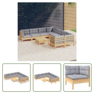 Produktbild von The Living Store 9-tlg. Garten-Lounge-Set mit Grauen Kissen Kiefernholz