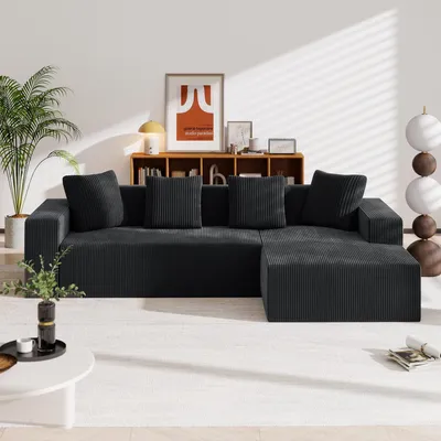 Obrázek produktu pro okwish Kompaktní modulární pohovka Modulární pohovka s L-ležadly a hlubokými sedáky, bezramenná Relaxační pohovka s 4 polštáři, čalouněná pohovka do obýváku, černá