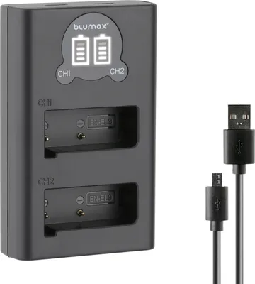 Produktbild von Blumax Dual LCD Ladegerät | für  Nikon EN-EL9 Laden über USB-C oder Micro-USB