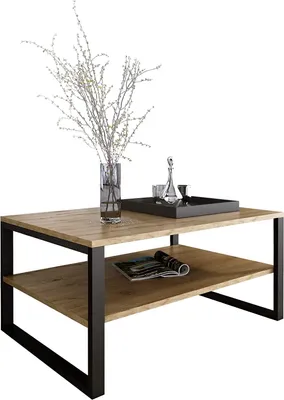 Produktbild von DESIGN MÖBEL Couchtisch BASIC Eiche Eternal – Rechteckiger Wohnzimmertisch mit Ablage & Metallbeinen – Industrial Stil