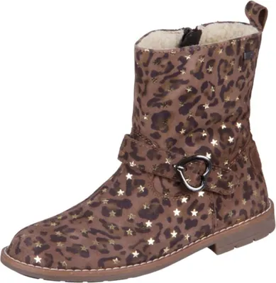A single brown boot with a leopard print and gold stars is shown against a white background.