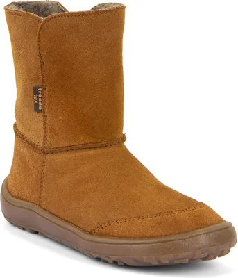 A single brown suede boot is shown against a white background.