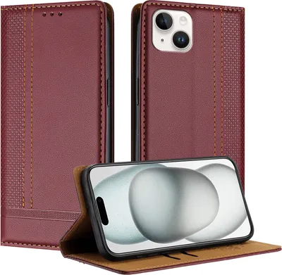 Image de Étui pour iPhone 14 Plus étui en cuir avec fonction stand rouge foncé