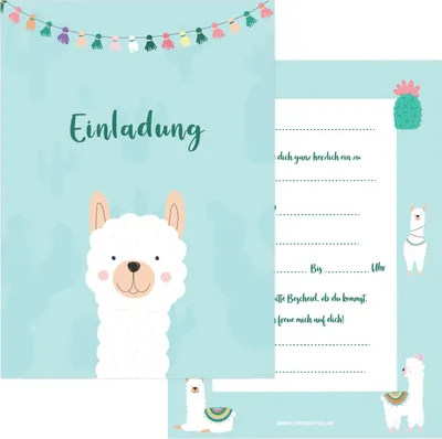 Produktbild von Friendly Fox Lama Einladung, 12 Einladungskarten Kindergeburtstag Lama Party Alpaka, Einladung mit Umschlag