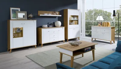 Produktbild von Wohnzimmer Komplett - Set B "Bambey", 6-teilig, Farbe: Eiche / Weiß