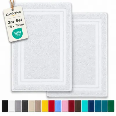 Produktbild von Komfortec Badematte 2er Set 50x70 cm, 100% Baumwolle, 600 g/m², Extra Weich & Saugstark, Frottee Duschvorleger, Waschbar Duschmatte, Weiß