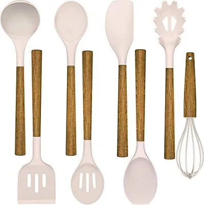 Produktbild von 8 Stück Silikon, Kochutensilien Küchenutensilien Set, 446? F Hitzebeständiges Spatel Set, BPA-freie Holzgriffe Küchenhelfer Werkzeuge Set für Antihaft Kochgeschirr (Khaki)