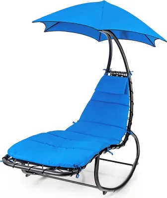 Image de Transat suspendu avec parasol et structure, supportant jusqu'à 150 kg, transat flottant, chaise longue, transat relaxant avec coussin pour la nuque, transat d'extérieur pour balcon, piscine ou jardin (bleu)