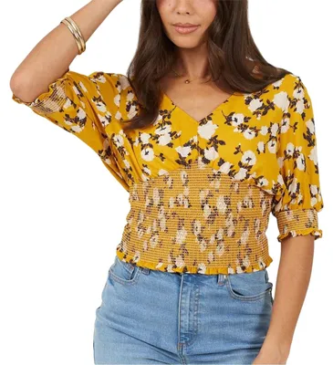 Produktbild von Brave Soul - Bluse für Damen, V-Ausschnitt, Puffärmel GT24712 (34 DE) (Floral/Gelb)