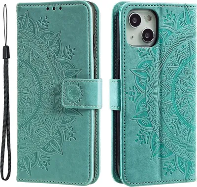 A teal flip case for an iPhone 14 Plus with a mandala pattern is shown from the front and side.